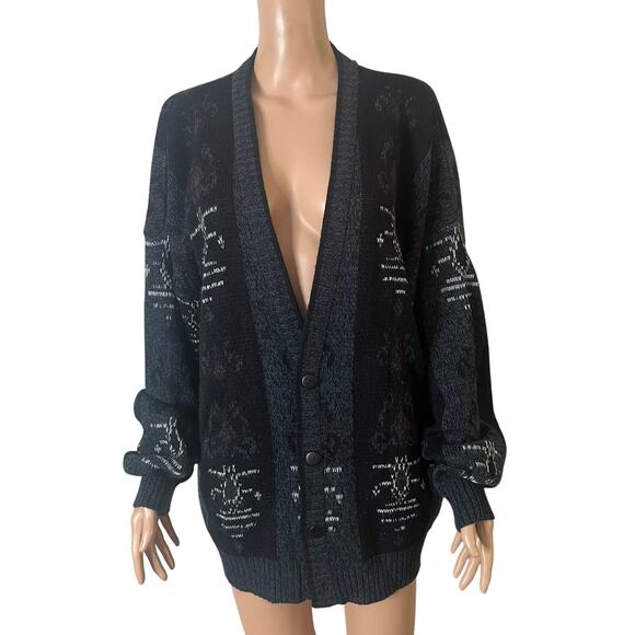 Vintage Expressions Cardigan Sweater Unisex XL Black Gray Knit Acrylic Oversized - Picture 4 of 15